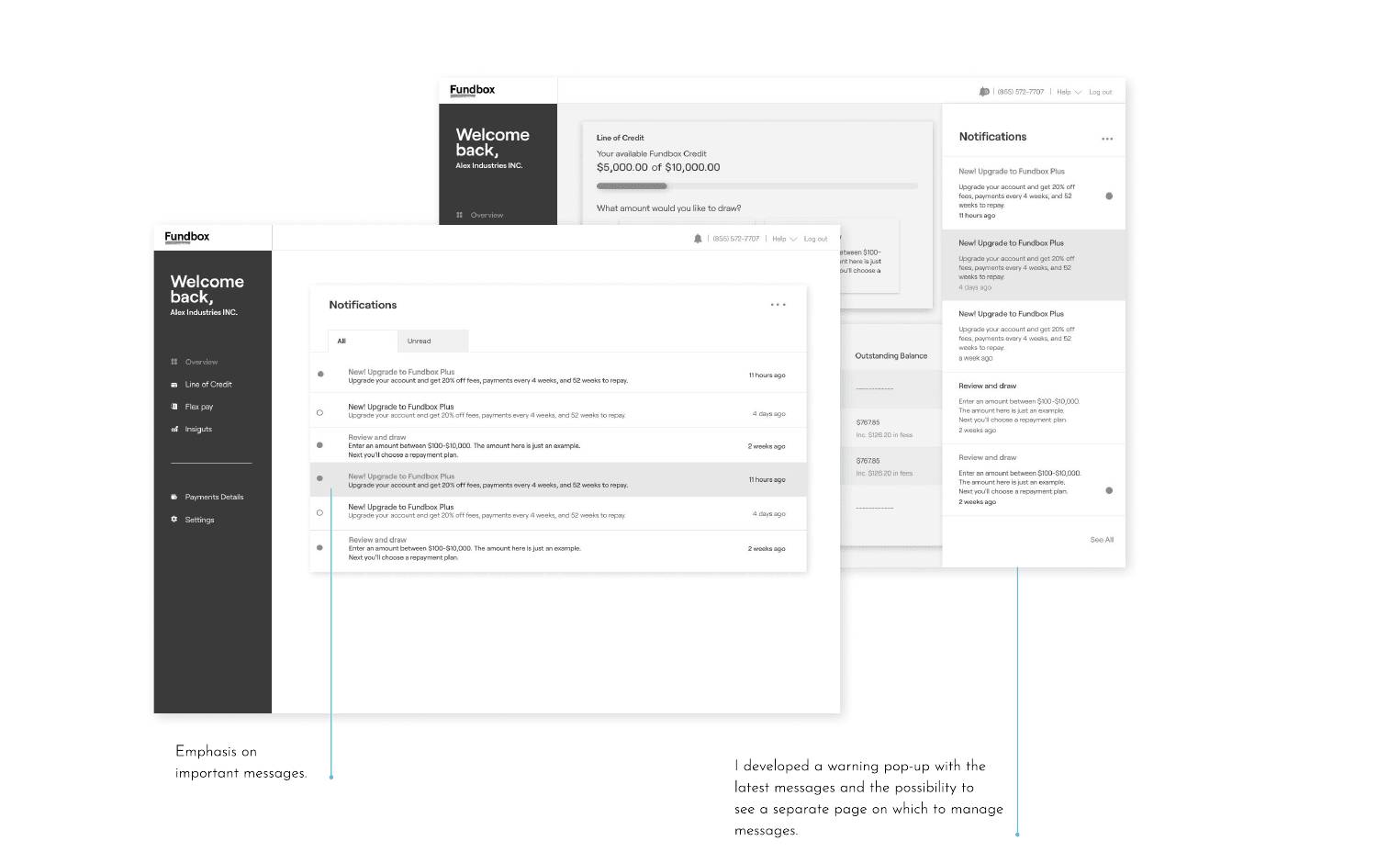 Wireframe — a warning pop-up for the latest messages and a separate page to manage them, so nothing is lost.