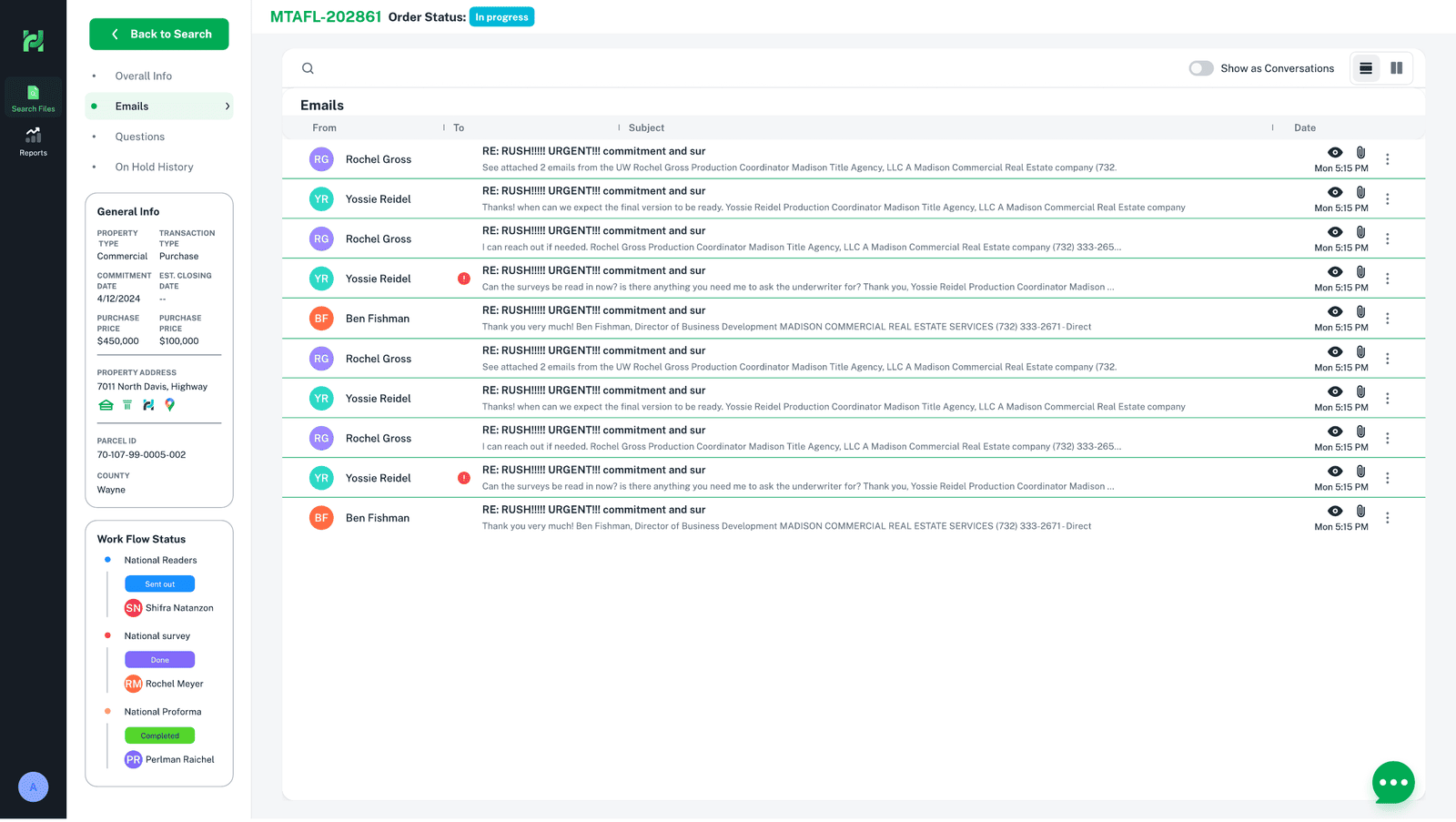 Communication, read-only — stakeholders can follow the email history on a file without entering the operational workspace or touching the work