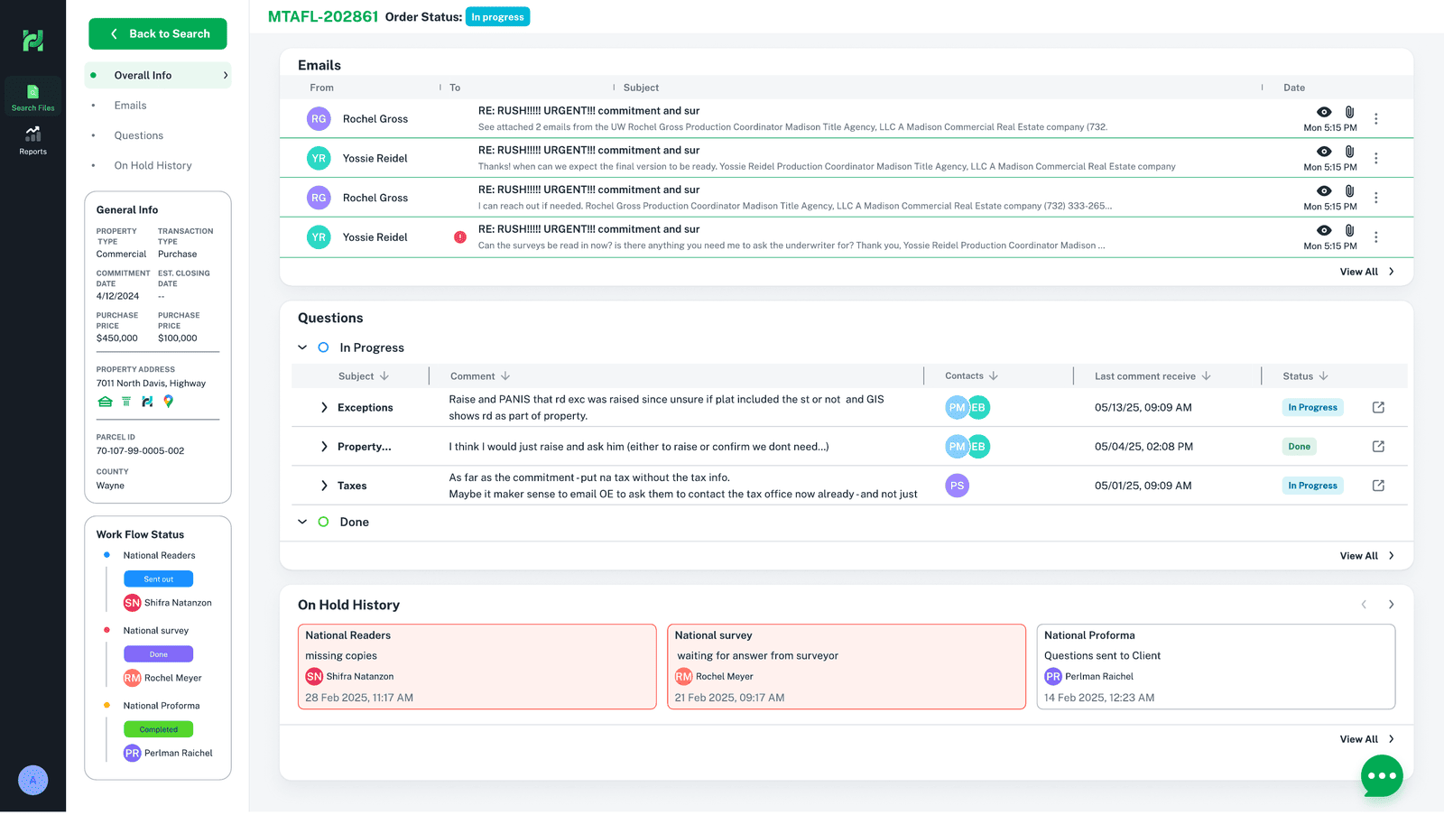 The file overview — the portal's most important screen: emails, questions, On-Hold history, general information and workflow status about a file, all in one read-only place