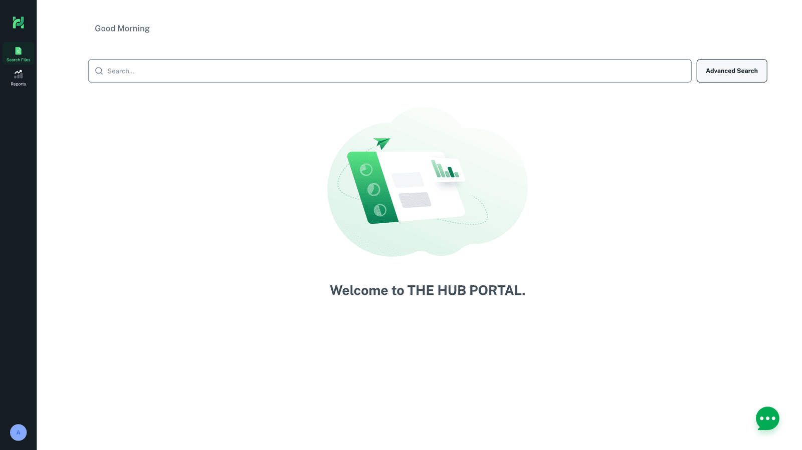 Portal landing — a separate, lightweight entry point for people who don't work inside the full system; it opens on search, not on a workload.